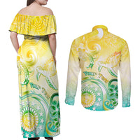 Personalised Cook Islands Kia Orana Couples Matching Off Shoulder Maxi Dress and Long Sleeve Button Shirt Polynesian Turtle With Circle Stars LT05 - Polynesian Pride
