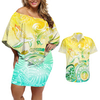 Personalised Cook Islands Kia Orana Couples Matching Off Shoulder Short Dress and Hawaiian Shirt Polynesian Turtle With Circle Stars LT05 Yellow - Polynesian Pride