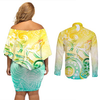 Personalised Cook Islands Kia Orana Couples Matching Off Shoulder Short Dress and Long Sleeve Button Shirt Polynesian Turtle With Circle Stars LT05 - Polynesian Pride