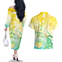 Personalised Cook Islands Kia Orana Couples Matching Off The Shoulder Long Sleeve Dress and Hawaiian Shirt Polynesian Turtle With Circle Stars LT05 - Polynesian Pride