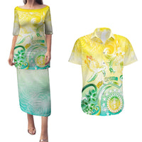 Personalised Cook Islands Kia Orana Couples Matching Puletasi and Hawaiian Shirt Polynesian Turtle With Circle Stars LT05 Yellow - Polynesian Pride