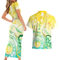 Personalised Cook Islands Kia Orana Couples Matching Short Sleeve Bodycon Dress and Hawaiian Shirt Polynesian Turtle With Circle Stars LT05 - Polynesian Pride