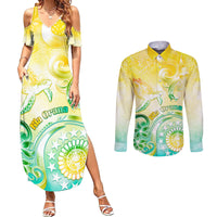 Personalised Cook Islands Kia Orana Couples Matching Summer Maxi Dress and Long Sleeve Button Shirt Polynesian Turtle With Circle Stars LT05 Yellow - Polynesian Pride