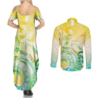 Personalised Cook Islands Kia Orana Couples Matching Summer Maxi Dress and Long Sleeve Button Shirt Polynesian Turtle With Circle Stars LT05 - Polynesian Pride