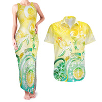 Personalised Cook Islands Kia Orana Couples Matching Tank Maxi Dress and Hawaiian Shirt Polynesian Turtle With Circle Stars LT05 Yellow - Polynesian Pride