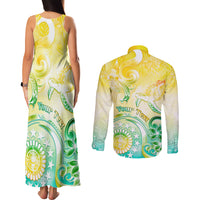 Personalised Cook Islands Kia Orana Couples Matching Tank Maxi Dress and Long Sleeve Button Shirt Polynesian Turtle With Circle Stars LT05 - Polynesian Pride