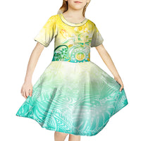 Personalised Cook Islands Kia Orana Kid Short Sleeve Dress Polynesian Turtle With Circle Stars LT05 - Polynesian Pride