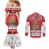 Personalised New Zealand Christmas In July Couples Matching Mermaid Dress and Long Sleeve Button Shirt Maori Kiwi Xmas Tree - Red LT05 - Polynesian Pride