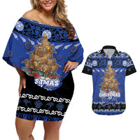 Personalised New Zealand July Christmas Couples Matching Off Shoulder Short Dress and Hawaiian Shirt Maori Kiwi Xmas Tree - Blue