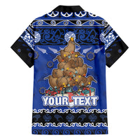 Personalised New Zealand July Christmas Family Matching Off The Shoulder Long Sleeve Dress and Hawaiian Shirt Maori Kiwi Xmas Tree - Blue