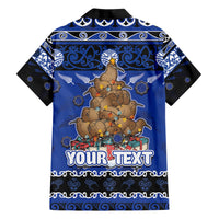 Personalised New Zealand July Christmas Family Matching Short Sleeve Bodycon Dress and Hawaiian Shirt Maori Kiwi Xmas Tree - Blue
