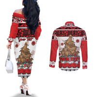 Personalised New Zealand July Christmas Couples Matching Off The Shoulder Long Sleeve Dress and Long Sleeve Button Shirt Maori Kiwi Xmas Tree - White