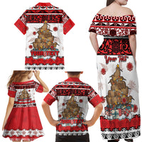 Personalised New Zealand July Christmas Family Matching Off Shoulder Maxi Dress and Hawaiian Shirt Maori Kiwi Xmas Tree - White