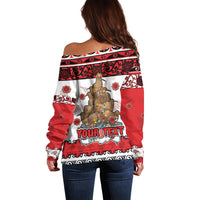 Personalised New Zealand July Christmas Off Shoulder Sweater Maori Kiwi Xmas Tree - White