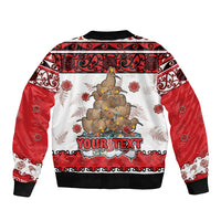 Personalised New Zealand July Christmas Sleeve Zip Bomber Jacket Maori Kiwi Xmas Tree - White
