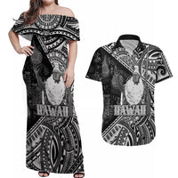 Hawaii King Kamehameha Couples Matching Off Shoulder Maxi Dress and Hawaiian Shirt With Hawaiian Ipu Motifs Black Version