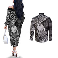 Hawaii King Kamehameha Couples Matching Off The Shoulder Long Sleeve Dress and Long Sleeve Button Shirt With Hawaiian Ipu Motifs Black Version LT05 - Polynesian Pride