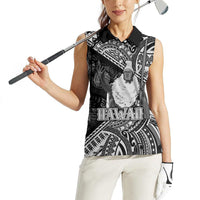 Hawaii King Kamehameha Women Sleeveless Polo Shirt With Hawaiian Ipu Motifs Black Version