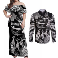 Hawaii Beautiful Hula Dancers Couples Matching Off Shoulder Maxi Dress and Long Sleeve Button Shirt With Ipu Keke And Pahu Drum