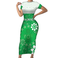 Cook Islands Maori Language Week Short Sleeve Bodycon Dress Pacific Tapa Pattern LT05 Long Dress Green - Polynesian Pride