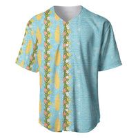 Hawaii Shell Tiare Anthurium Heliconia Lei Baseball Jersey With Tapa Pattern Baby Blue