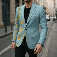 Hawaii Shell Tiare Anthurium Heliconia Lei Blazer With Tapa Pattern Baby Blue