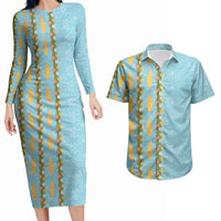 Hawaii Shell Tiare Anthurium Heliconia Lei Couples Matching Long Sleeve Bodycon Dress and Hawaiian Shirt With Tapa Pattern Baby Blue LT05 Blue - Polynesian Pride