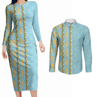 Hawaii Shell Tiare Anthurium Heliconia Lei Couples Matching Long Sleeve Bodycon Dress and Long Sleeve Button Shirt With Tapa Pattern Baby Blue LT05 Blue - Polynesian Pride