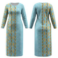 Hawaii Shell Tiare Anthurium Heliconia Lei Couples Matching Long Sleeve Bodycon Dress and Long Sleeve Button Shirt With Tapa Pattern Baby Blue LT05 - Polynesian Pride