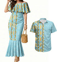 Hawaii Shell Tiare Anthurium Heliconia Lei Couples Matching Mermaid Dress and Hawaiian Shirt With Tapa Pattern Baby Blue LT05 Blue - Polynesian Pride