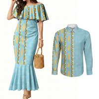 Hawaii Shell Tiare Anthurium Heliconia Lei Couples Matching Mermaid Dress and Long Sleeve Button Shirt With Tapa Pattern Baby Blue LT05 Blue - Polynesian Pride