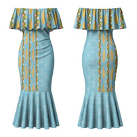 Hawaii Shell Tiare Anthurium Heliconia Lei Couples Matching Mermaid Dress and Long Sleeve Button Shirt With Tapa Pattern Baby Blue LT05 - Polynesian Pride