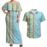 Hawaii Shell Tiare Anthurium Heliconia Lei Couples Matching Off Shoulder Maxi Dress and Hawaiian Shirt With Tapa Pattern Baby Blue LT05 Blue - Polynesian Pride