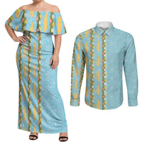 Hawaii Shell Tiare Anthurium Heliconia Lei Couples Matching Off Shoulder Maxi Dress and Long Sleeve Button Shirt With Tapa Pattern Baby Blue LT05 Blue - Polynesian Pride