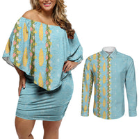 Hawaii Shell Tiare Anthurium Heliconia Lei Couples Matching Off Shoulder Short Dress and Long Sleeve Button Shirt With Tapa Pattern Baby Blue LT05 Blue - Polynesian Pride