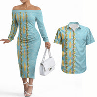 Hawaii Shell Tiare Anthurium Heliconia Lei Couples Matching Off The Shoulder Long Sleeve Dress and Hawaiian Shirt With Tapa Pattern Baby Blue LT05 Blue - Polynesian Pride