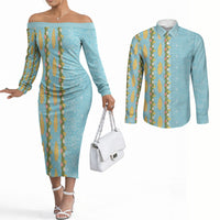 Hawaii Shell Tiare Anthurium Heliconia Lei Couples Matching Off The Shoulder Long Sleeve Dress and Long Sleeve Button Shirt With Tapa Pattern Baby Blue LT05 Blue - Polynesian Pride