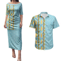 Hawaii Shell Tiare Anthurium Heliconia Lei Couples Matching Puletasi and Hawaiian Shirt With Tapa Pattern Baby Blue LT05 Blue - Polynesian Pride