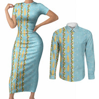 Hawaii Shell Tiare Anthurium Heliconia Lei Couples Matching Short Sleeve Bodycon Dress and Long Sleeve Button Shirt With Tapa Pattern Baby Blue LT05 Blue - Polynesian Pride