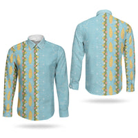 Hawaii Shell Tiare Anthurium Heliconia Lei Couples Matching Short Sleeve Bodycon Dress and Long Sleeve Button Shirt With Tapa Pattern Baby Blue LT05 - Polynesian Pride