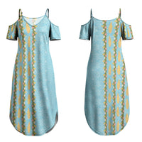 Hawaii Shell Tiare Anthurium Heliconia Lei Couples Matching Summer Maxi Dress and Long Sleeve Button Shirt With Tapa Pattern Baby Blue LT05 - Polynesian Pride