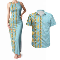 Hawaii Shell Tiare Anthurium Heliconia Lei Couples Matching Tank Maxi Dress and Hawaiian Shirt With Tapa Pattern Baby Blue LT05 Blue - Polynesian Pride