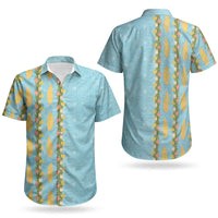 Hawaii Shell Tiare Anthurium Heliconia Lei Couples Matching Tank Maxi Dress and Hawaiian Shirt With Tapa Pattern Baby Blue LT05 - Polynesian Pride
