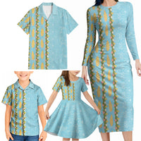 Hawaii Shell Tiare Anthurium Heliconia Lei Family Matching Long Sleeve Bodycon Dress and Hawaiian Shirt With Tapa Pattern Baby Blue LT05 - Polynesian Pride