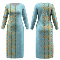Hawaii Shell Tiare Anthurium Heliconia Lei Family Matching Long Sleeve Bodycon Dress and Hawaiian Shirt With Tapa Pattern Baby Blue LT05 Mom's Dress Blue - Polynesian Pride