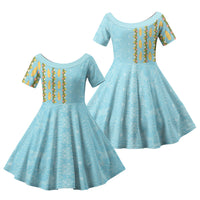 Hawaii Shell Tiare Anthurium Heliconia Lei Family Matching Long Sleeve Bodycon Dress and Hawaiian Shirt With Tapa Pattern Baby Blue LT05 Daughter's Dress Blue - Polynesian Pride