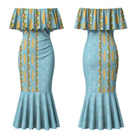 Hawaii Shell Tiare Anthurium Heliconia Lei Family Matching Mermaid Dress and Hawaiian Shirt With Tapa Pattern Baby Blue LT05 Mom's Dress Blue - Polynesian Pride