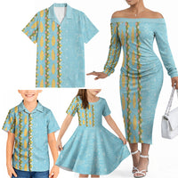 Hawaii Shell Tiare Anthurium Heliconia Lei Family Matching Off The Shoulder Long Sleeve Dress and Hawaiian Shirt With Tapa Pattern Baby Blue LT05 - Polynesian Pride