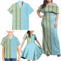 Hawaii Shell Tiare Anthurium Heliconia Lei Family Matching Off Shoulder Maxi Dress and Hawaiian Shirt With Tapa Pattern Baby Blue