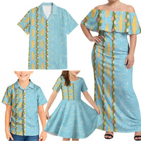 Hawaii Shell Tiare Anthurium Heliconia Lei Family Matching Off Shoulder Maxi Dress and Hawaiian Shirt With Tapa Pattern Baby Blue LT05 - Polynesian Pride